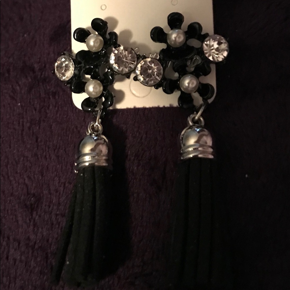 Black and Crystal Boho Tassel Earrings